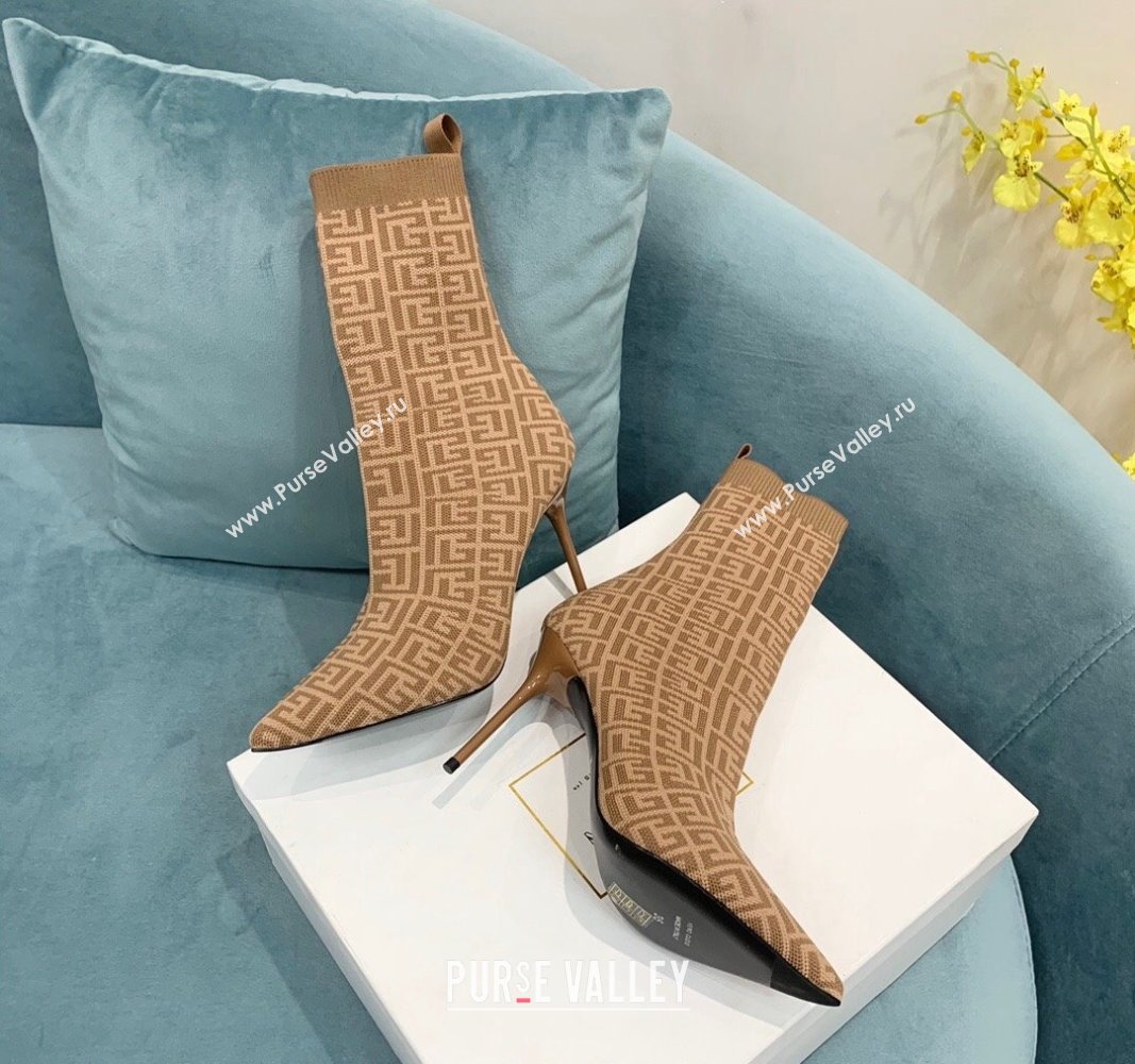 Balmain Stretch Knit Skye Ankle Boots 9.5cm with Monogram Beige 2024 BM101002 (KER-241010109)