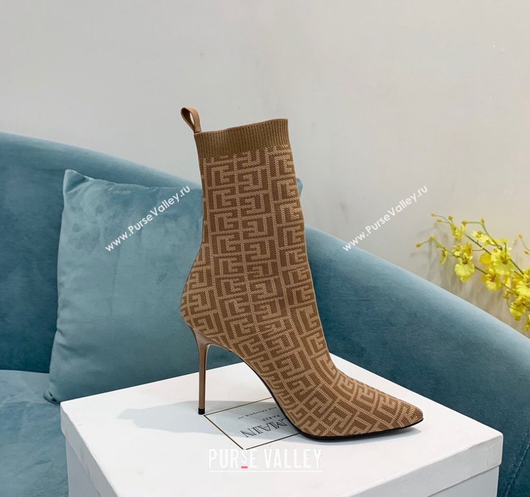 Balmain Stretch Knit Skye Ankle Boots 9.5cm with Monogram Beige 2024 BM101002 (KER-241010109)