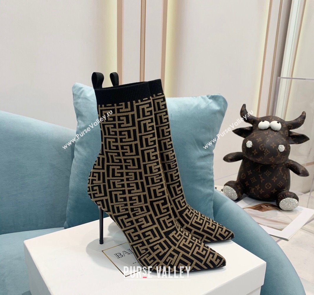 Balmain Stretch Knit Skye Ankle Boots 9.5cm with Monogram Green/Black 2024 BM101002 (KER-241010110)