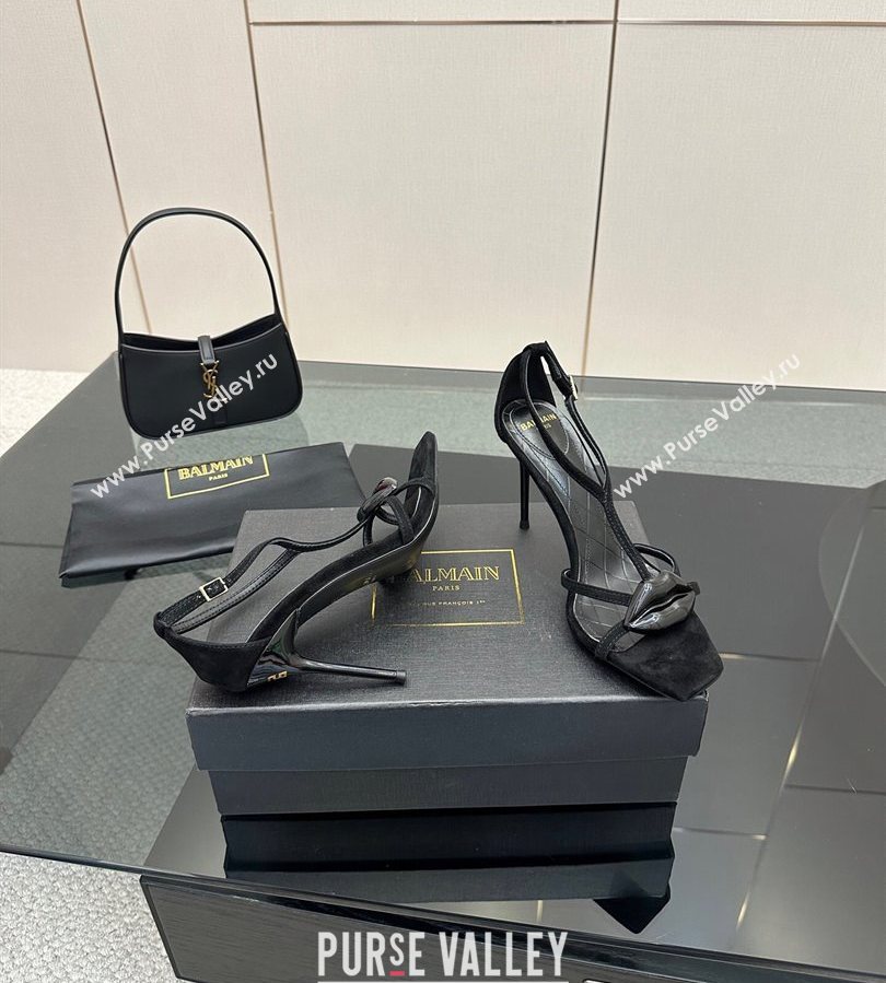 Balmain Lips High Heel Sandals 10.5cm in Suede Black 2025 (MD-250708126)