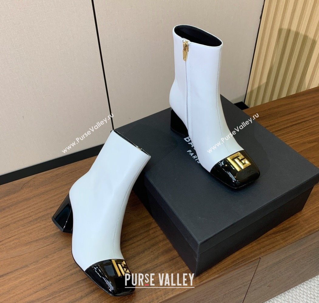 Balmain Calfskin and Patent Leather Heel Ankle Boots 6.5cm White 2025 1031 (MD-251031011)