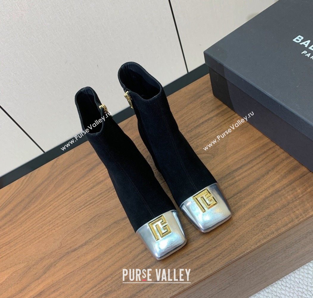 Balmain Suede and Patent Leather Heel Ankle Boots 6.5cm Black/Silver 2025 1031 (MD-251031013)