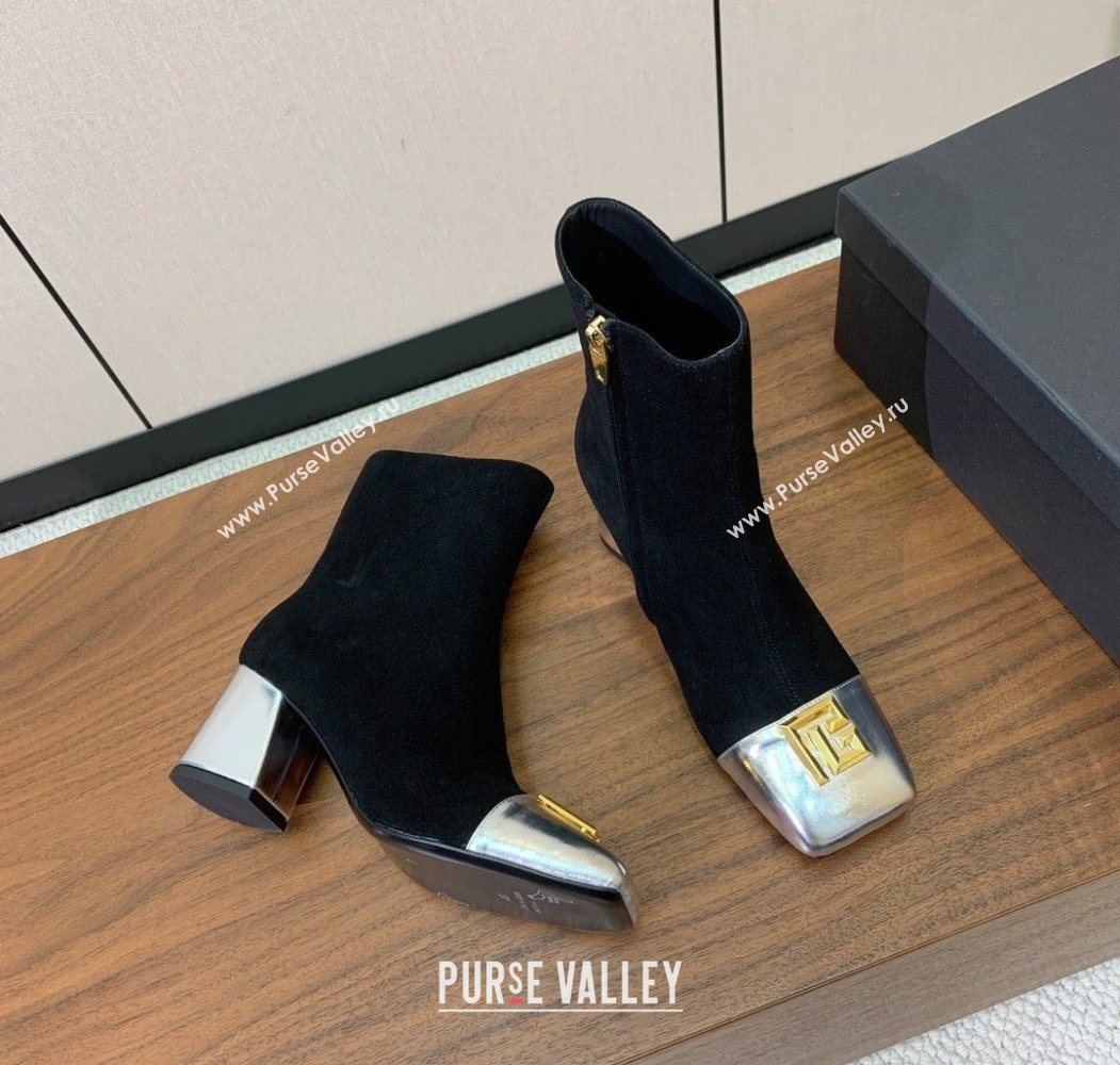 Balmain Suede and Patent Leather Heel Ankle Boots 6.5cm Black/Silver 2025 1031 (MD-251031013)