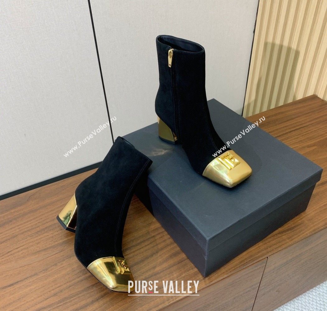 Balmain Suede and Patent Leather Heel Ankle Boots 6.5cm Black/Gold 2025 1031 (MD-251031014)