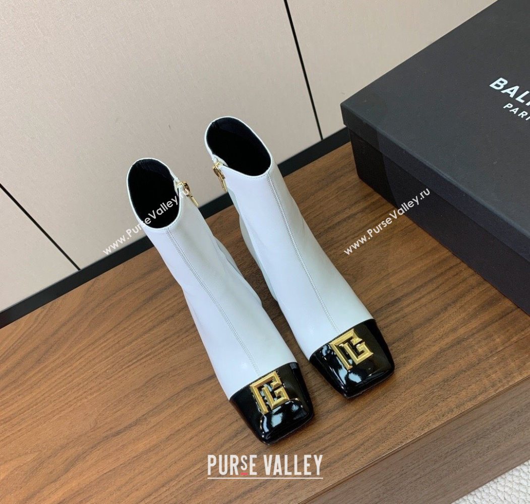 Balmain Calfskin and Patent Leather Heel Ankle Boots 6.5cm White 2025 1031 (MD-251031011)