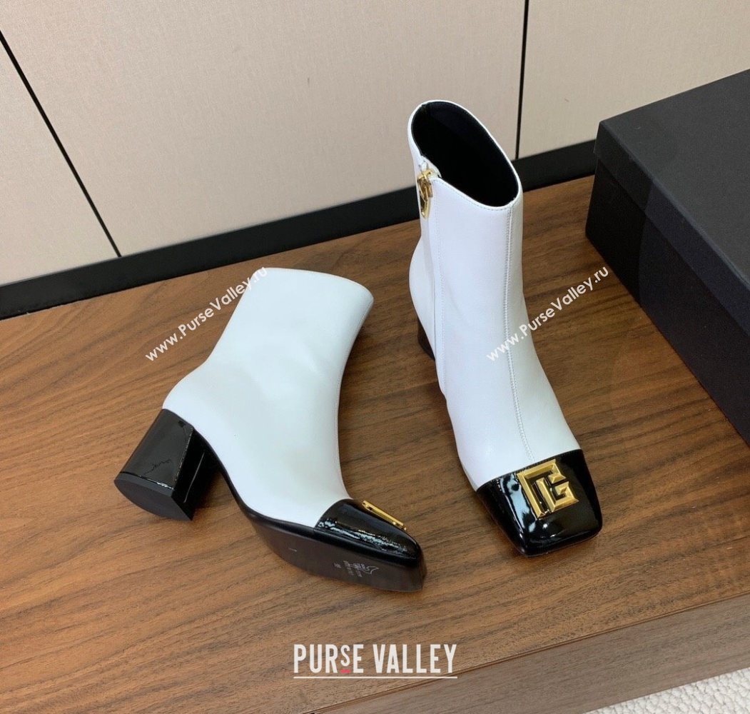 Balmain Calfskin and Patent Leather Heel Ankle Boots 6.5cm White 2025 1031 (MD-251031011)