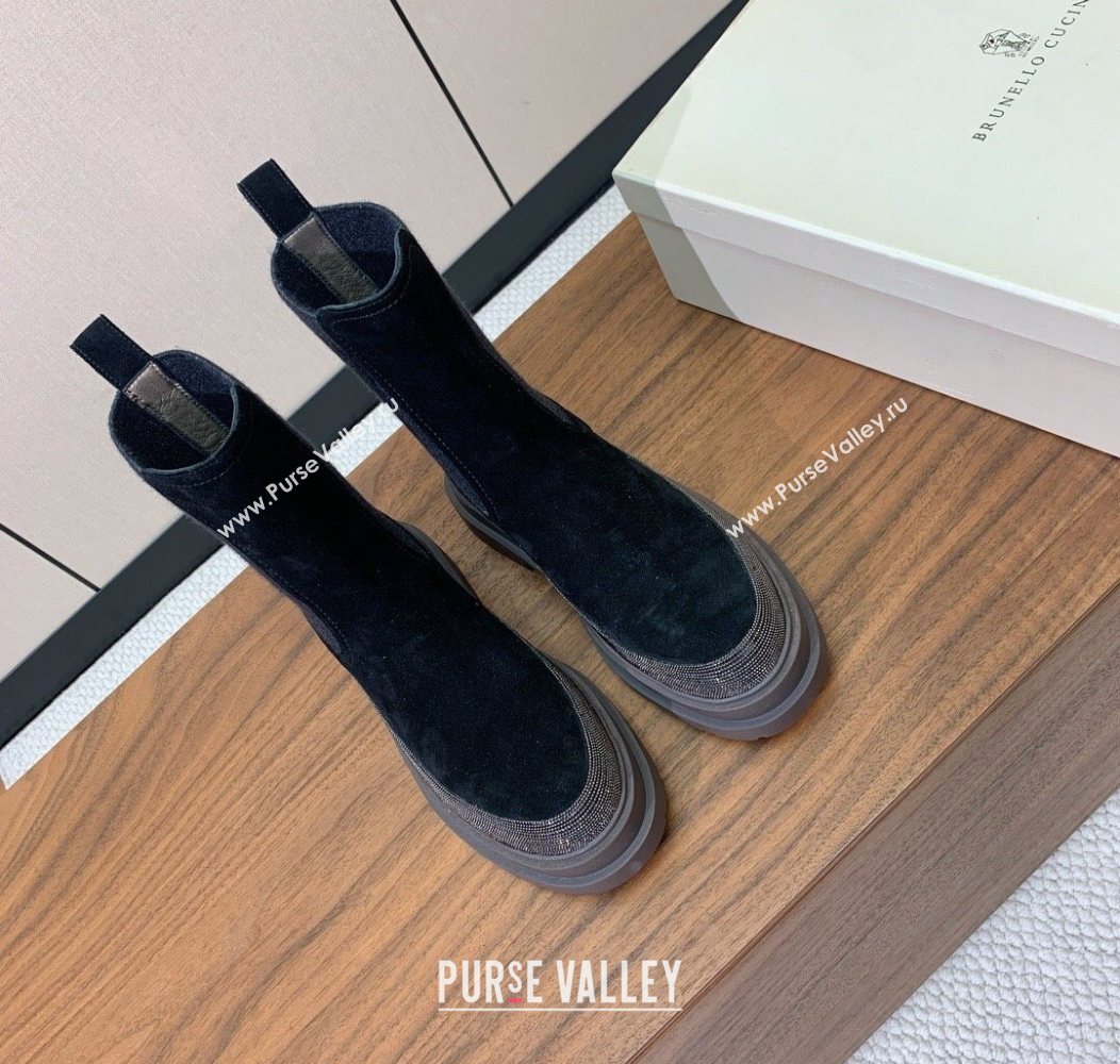 Brunello Cucinelli Suede and Knit Ankle Boots Black 2025 BC120903 (HH-251209027)