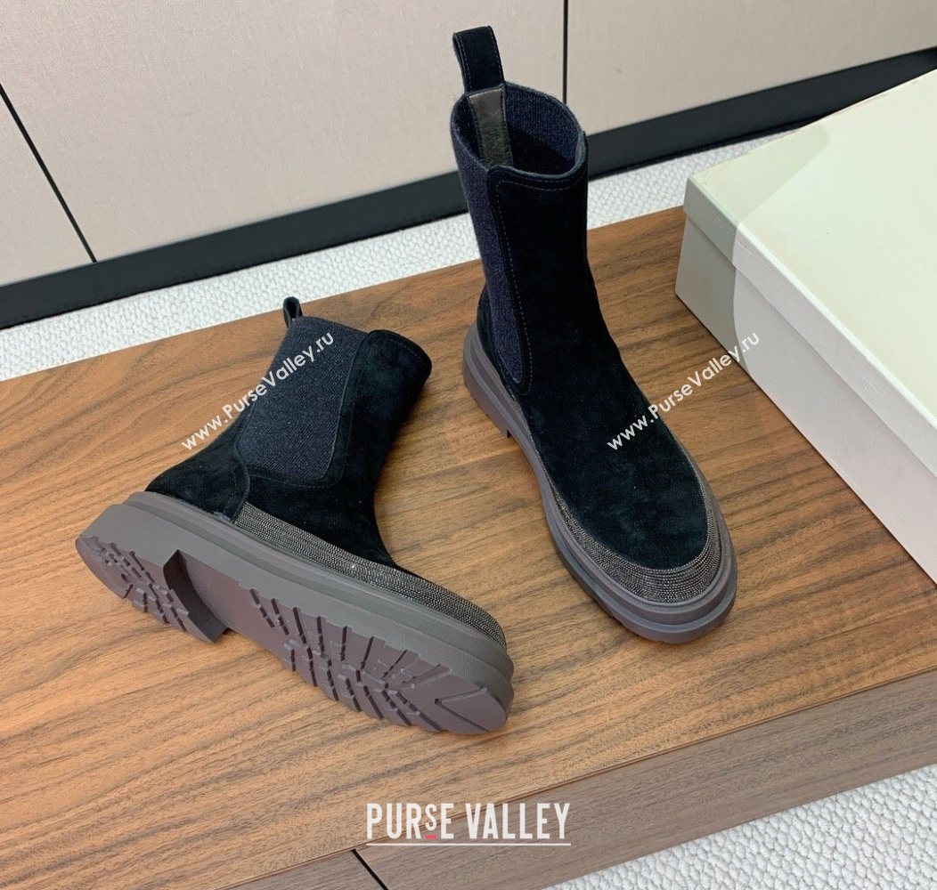 Brunello Cucinelli Suede and Knit Ankle Boots Black 2025 BC120903 (HH-251209027)