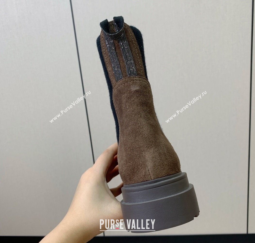 Brunello Cucinelli Suede Ankle Boots with Knit Insert and Loop Detail Dark Camel Brown 2025 BC120901 (HH-251209016)