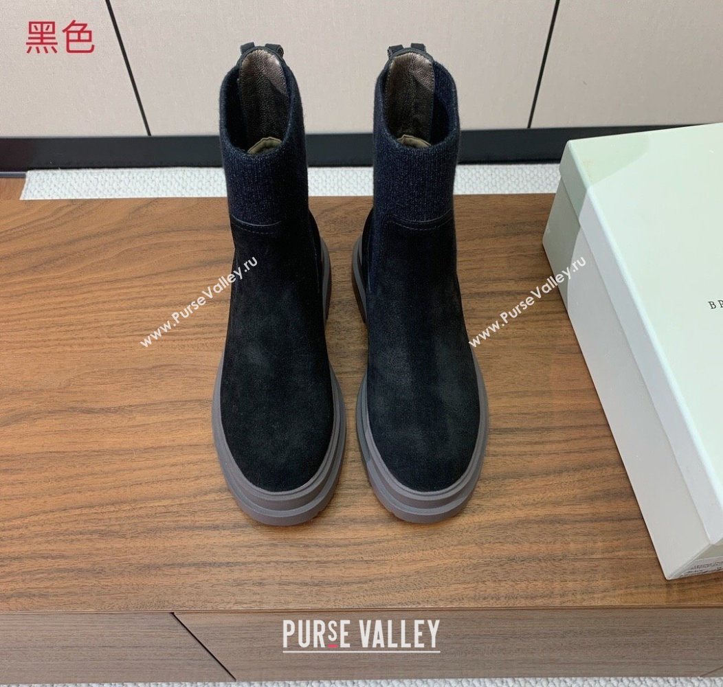 Brunello Cucinelli Suede Ankle Boots with Knit Insert and Loop Detail Black 2025 BC120901 (HH-251209017)