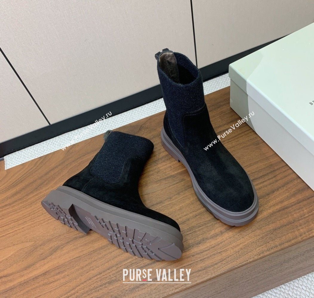 Brunello Cucinelli Suede Ankle Boots with Knit Insert and Loop Detail Black 2025 BC120901 (HH-251209017)