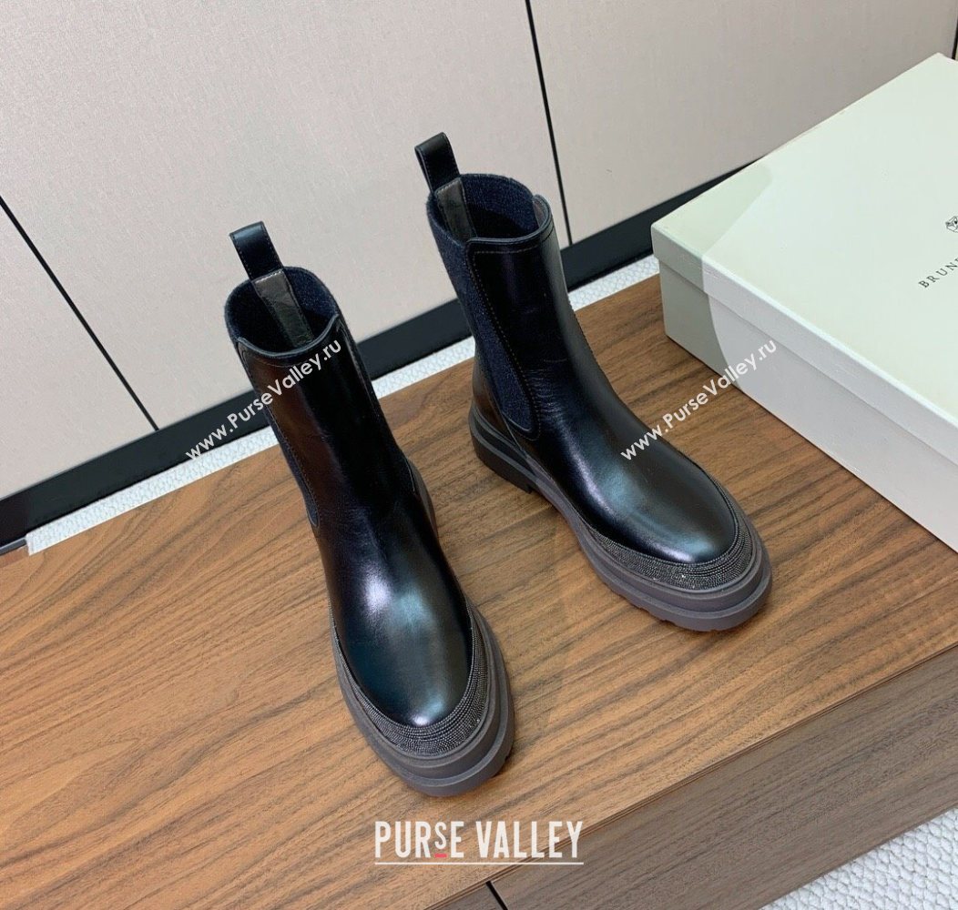 Brunello Cucinelli Leather and Knit Ankle Boots Black 2025 BC120903 (HH-251209030)