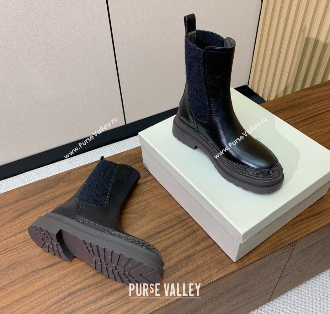 Brunello Cucinelli Leather and Knit Ankle Boots Black 2025 BC120903 (HH-251209030)