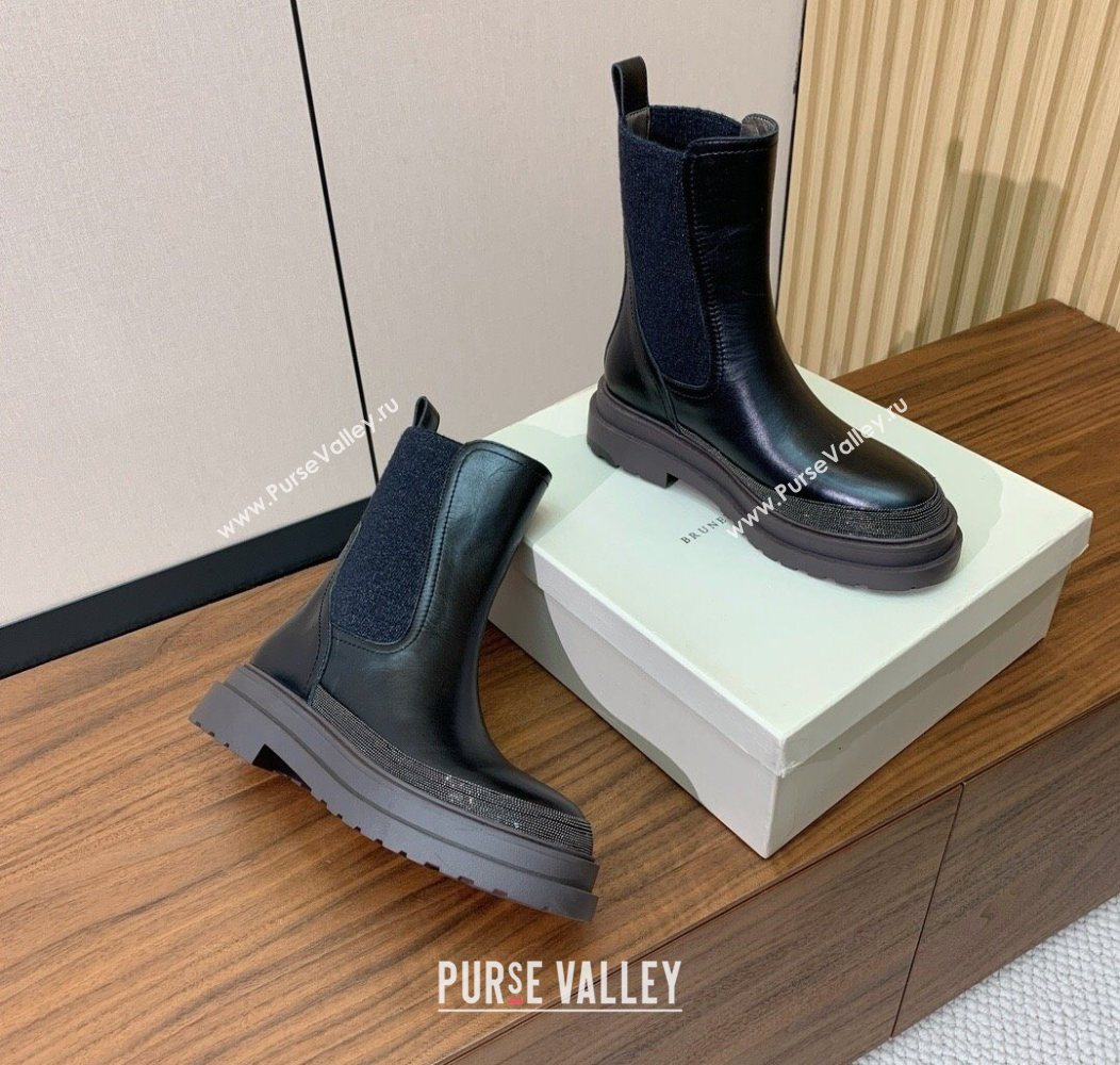 Brunello Cucinelli Leather and Knit Ankle Boots Black 2025 BC120903 (HH-251209030)