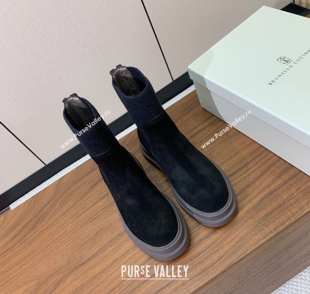 Brunello Cucinelli Suede Ankle Boots with Knit Insert and Loop Detail Black 2025 BC120901 (HH-251209017)