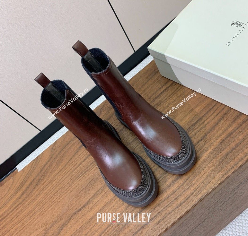 Brunello Cucinelli Leather and Knit Ankle Boots Brown 2025 BC120903 (HH-251209031)