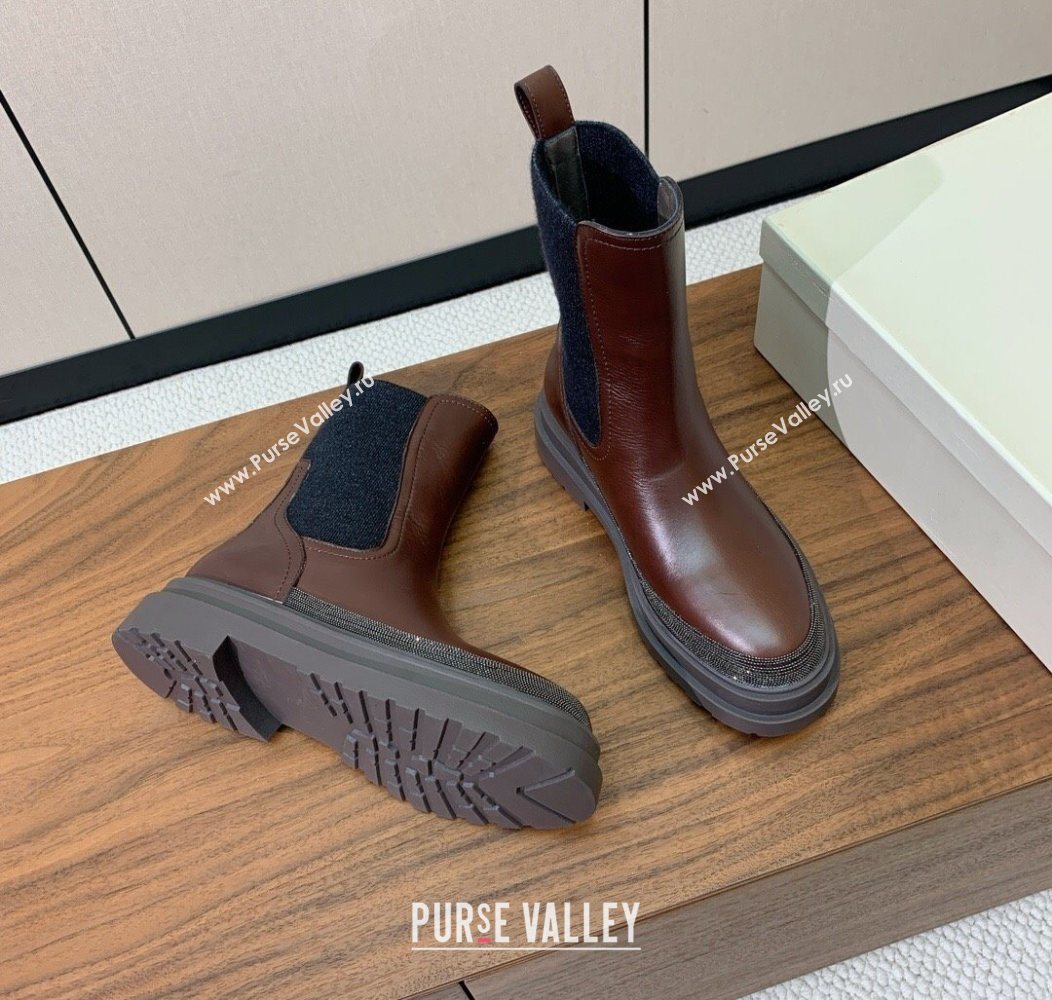 Brunello Cucinelli Leather and Knit Ankle Boots Brown 2025 BC120903 (HH-251209031)