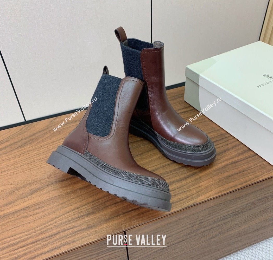 Brunello Cucinelli Leather and Knit Ankle Boots Brown 2025 BC120903 (HH-251209031)