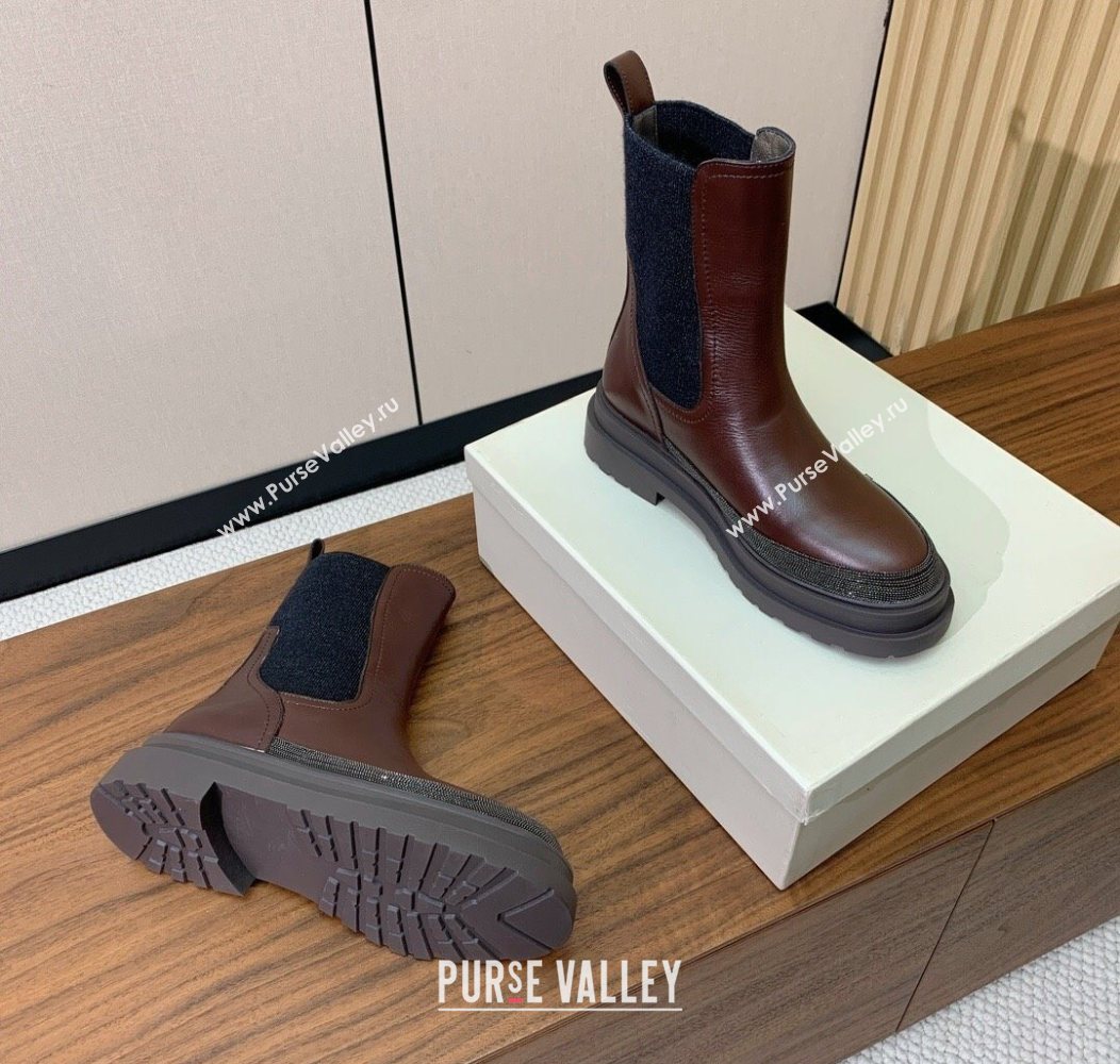 Brunello Cucinelli Leather and Knit Ankle Boots Brown 2025 BC120903 (HH-251209031)