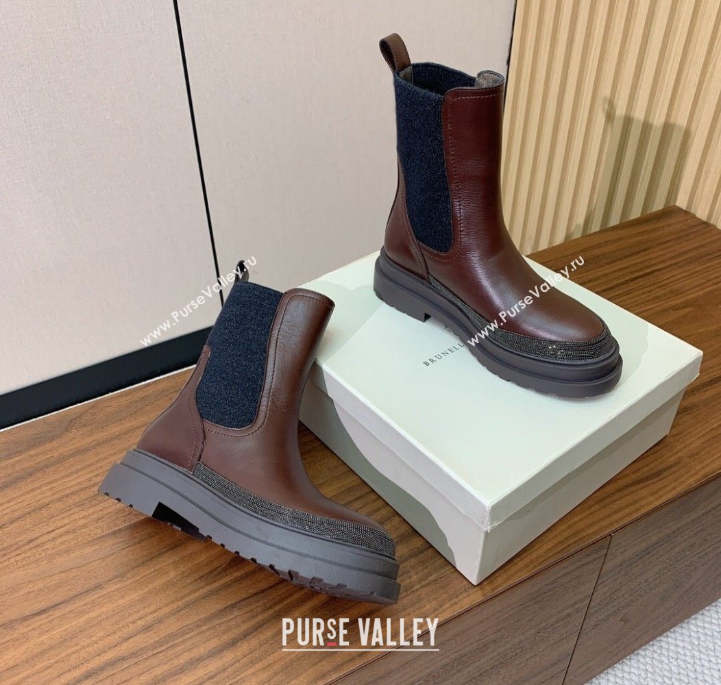 Brunello Cucinelli Leather and Knit Ankle Boots Brown 2025 BC120903 (HH-251209031)