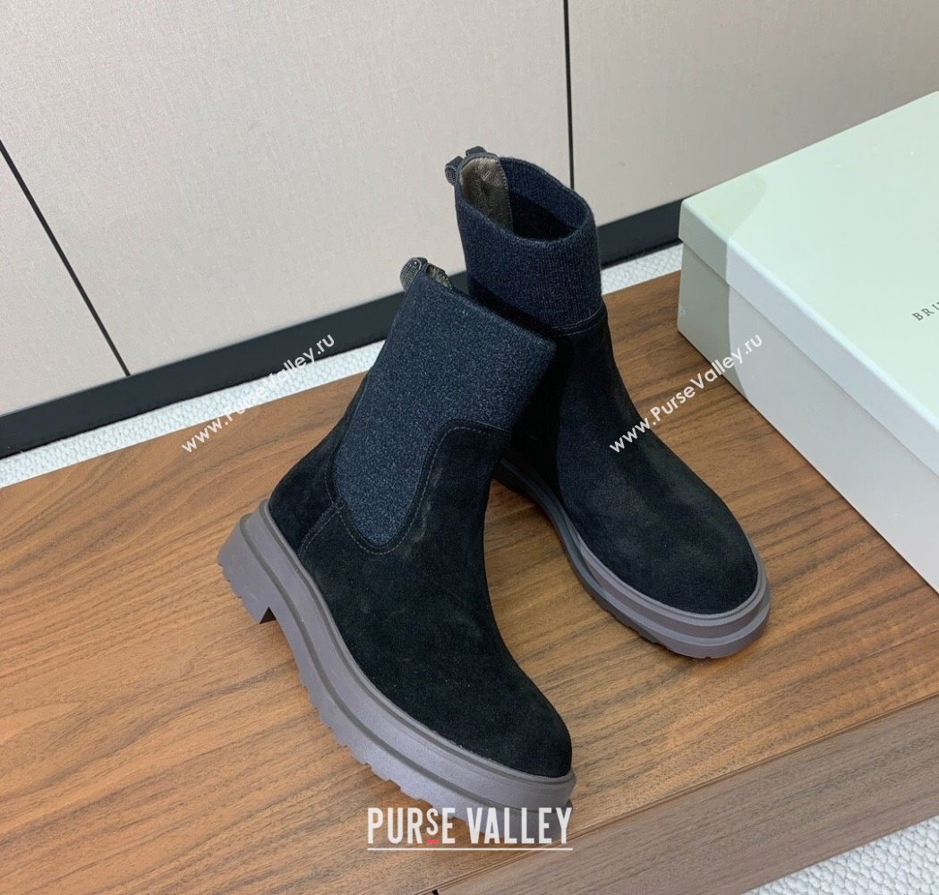 Brunello Cucinelli Suede Ankle Boots with Knit Insert and Loop Detail Black 2025 BC120901 (HH-251209017)