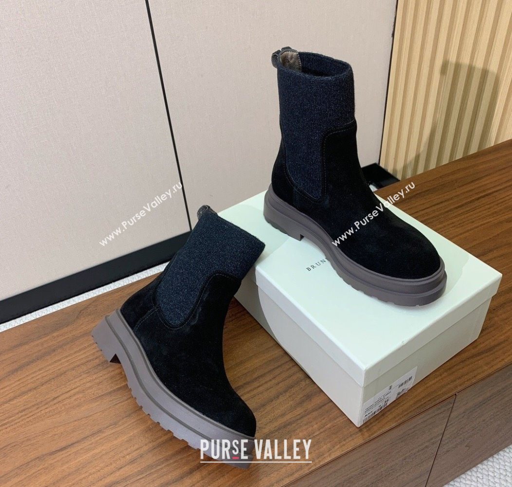Brunello Cucinelli Suede Ankle Boots with Knit Insert and Loop Detail Black 2025 BC120901 (HH-251209017)