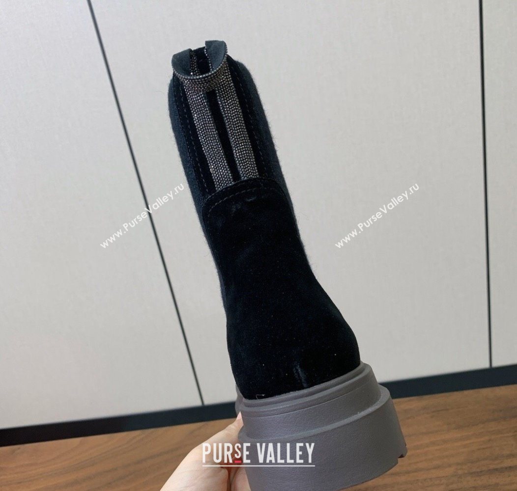 Brunello Cucinelli Suede Ankle Boots with Knit Insert and Loop Detail Black 2025 BC120901 (HH-251209017)