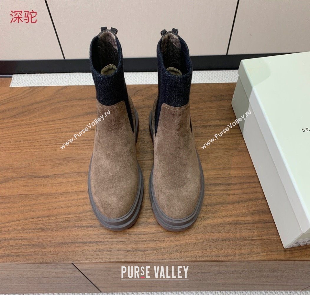 Brunello Cucinelli Suede Ankle Boots with Knit Insert and Loop Detail Dark Camel Brown 2025 BC120901 (HH-251209016)