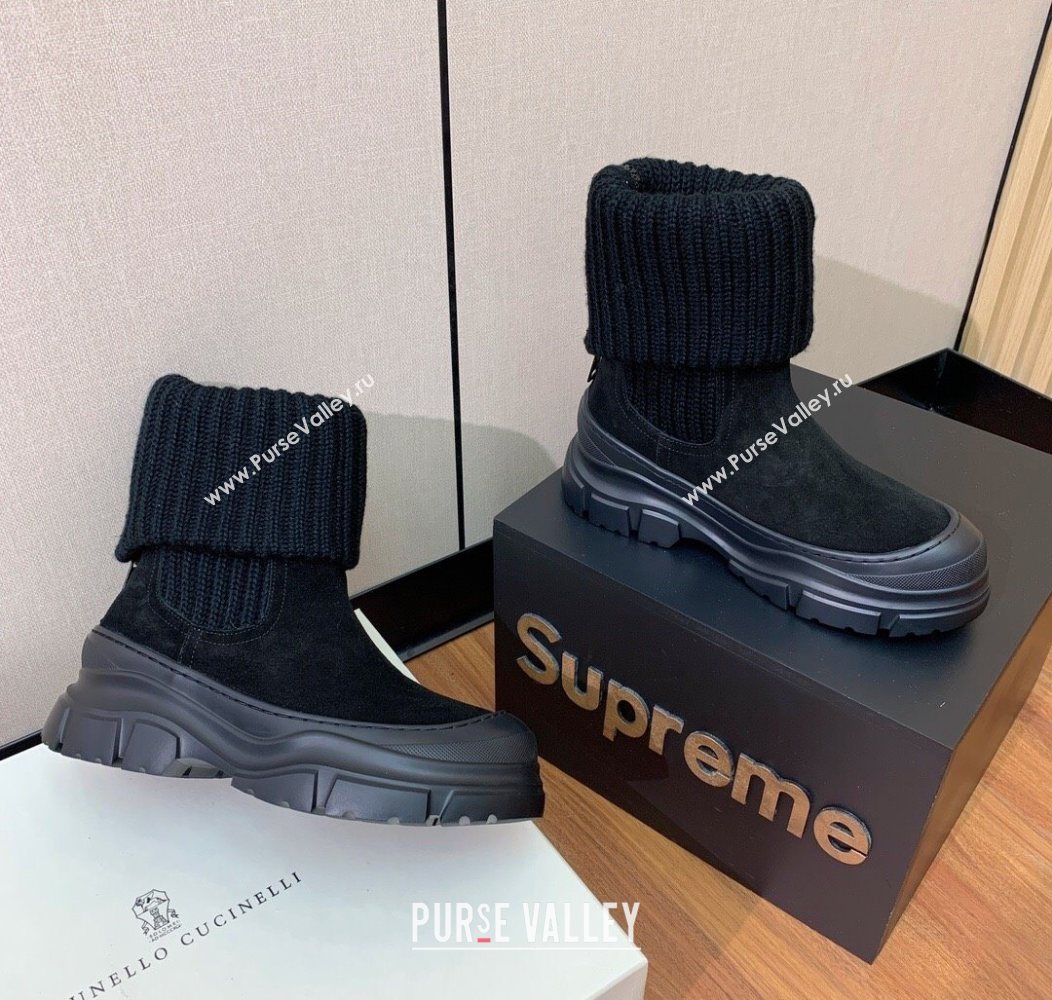 Brunello Cucinelli Suede and Knit Ankle Boots Black 2025 BC120906 (MD-251209044)