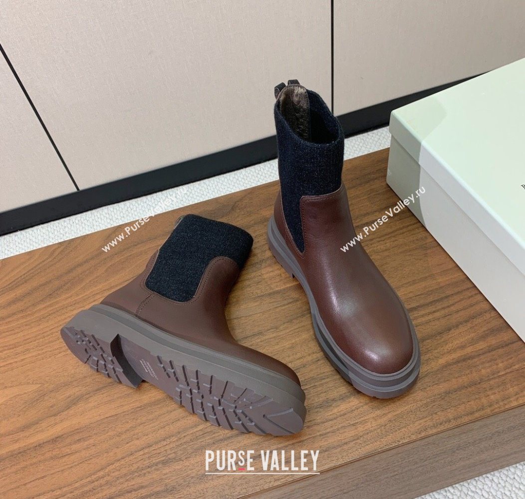 Brunello Cucinelli Leather Ankle Boots with Knit Insert and Loop Detail Brown 2025 BC120901 (HH-251209020)