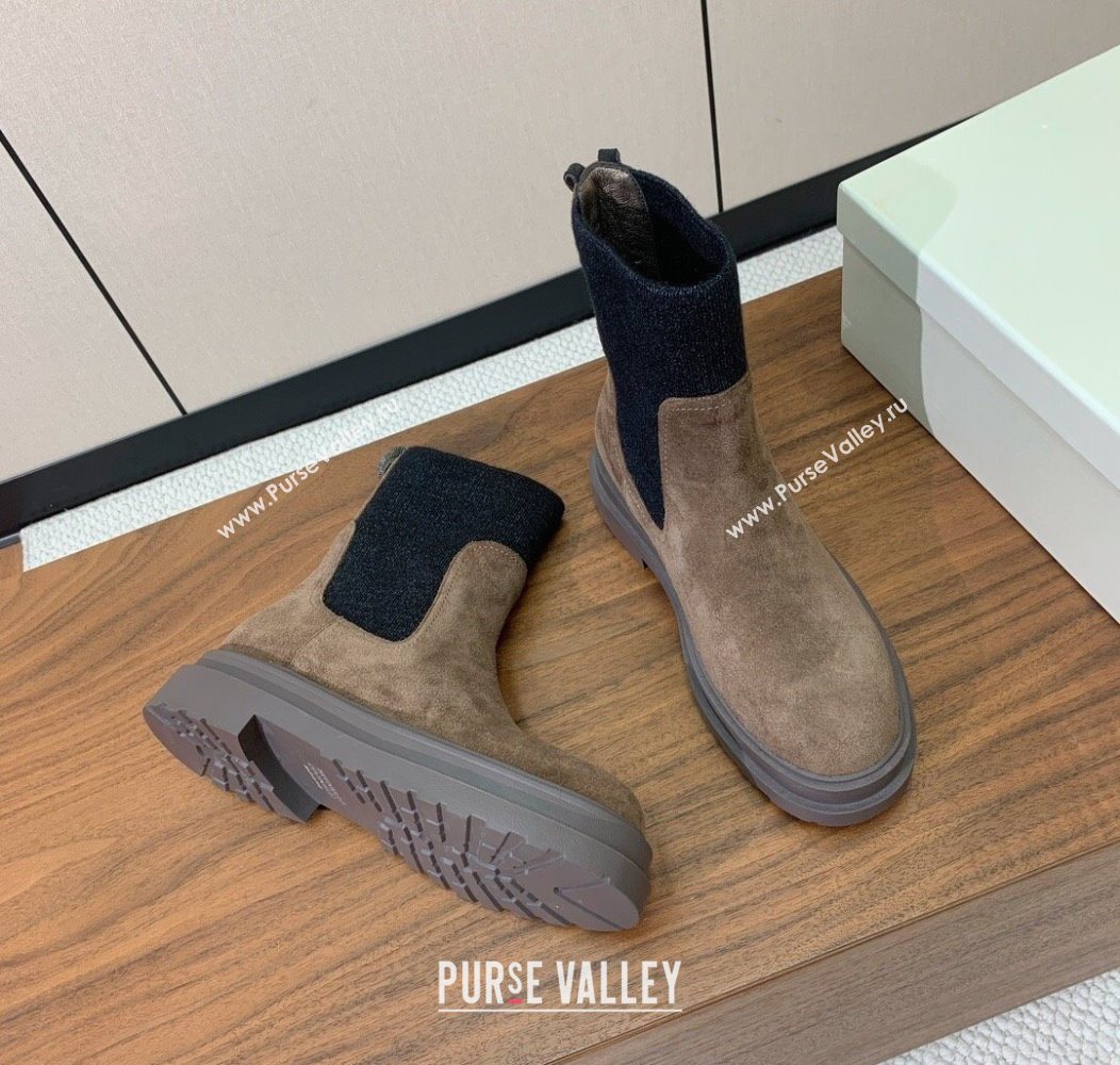 Brunello Cucinelli Suede Ankle Boots with Knit Insert and Loop Detail Dark Camel Brown 2025 BC120901 (HH-251209016)