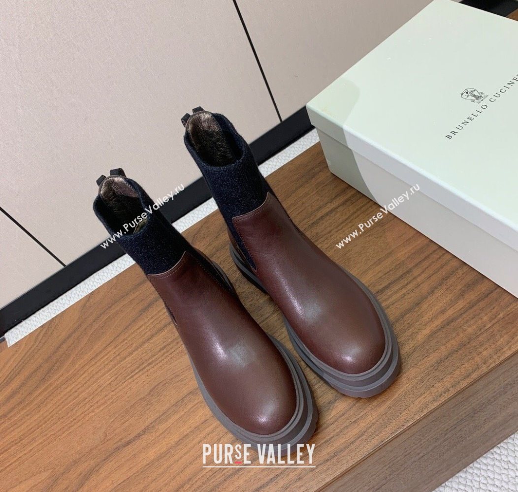 Brunello Cucinelli Leather Ankle Boots with Knit Insert and Loop Detail Brown 2025 BC120901 (HH-251209020)