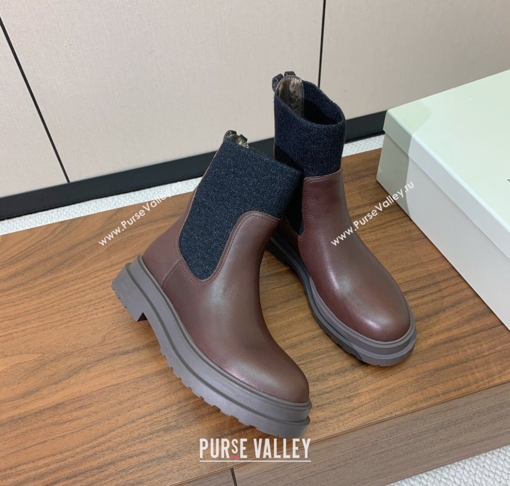 Brunello Cucinelli Leather Ankle Boots with Knit Insert and Loop Detail Brown 2025 BC120901 (HH-251209020)