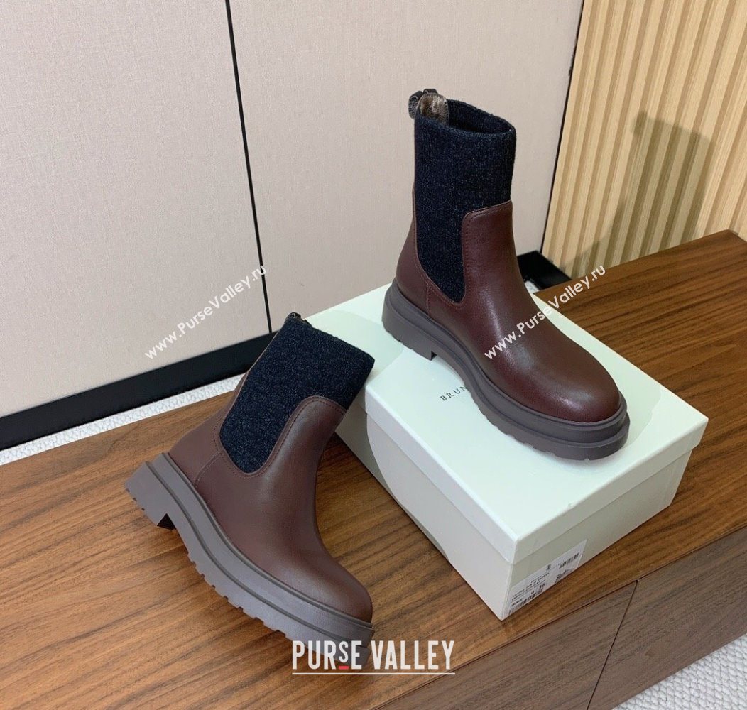 Brunello Cucinelli Leather Ankle Boots with Knit Insert and Loop Detail Brown 2025 BC120901 (HH-251209020)