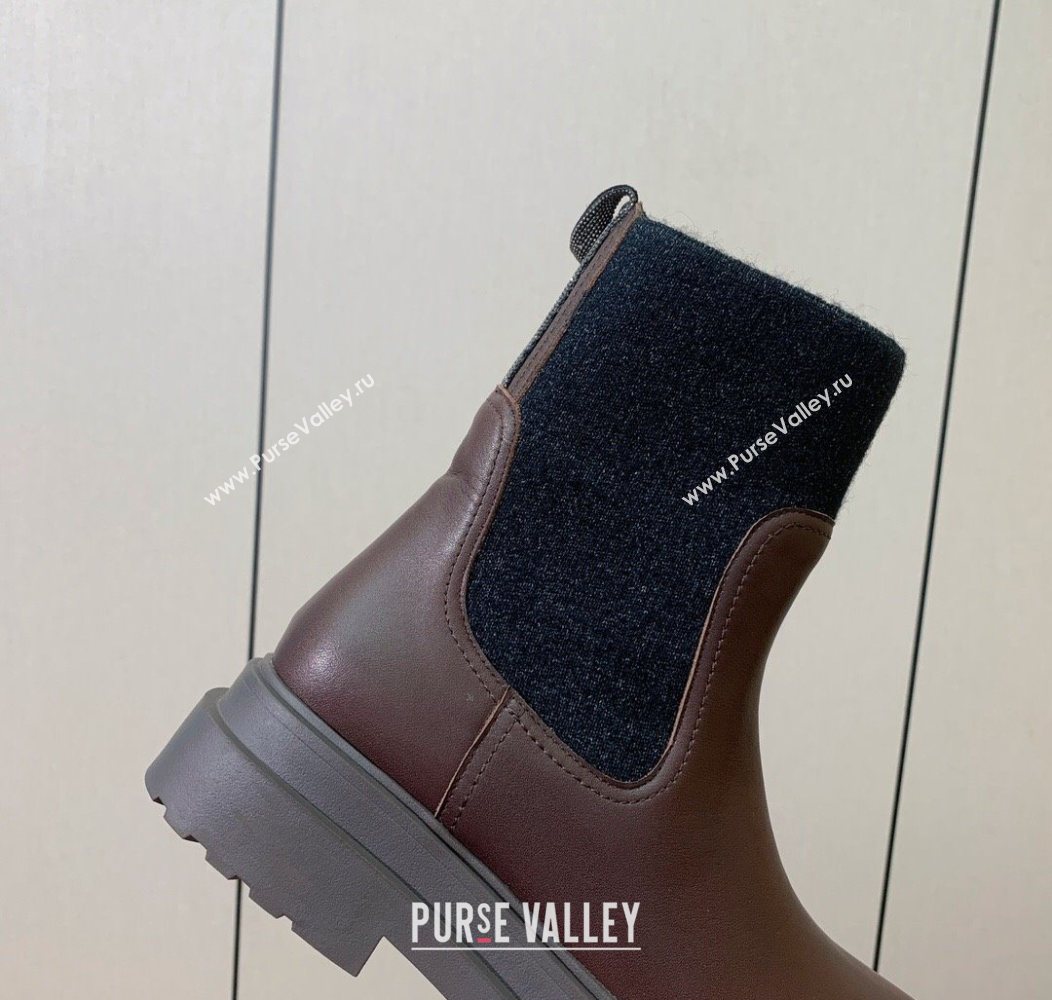 Brunello Cucinelli Leather Ankle Boots with Knit Insert and Loop Detail Brown 2025 BC120901 (HH-251209020)