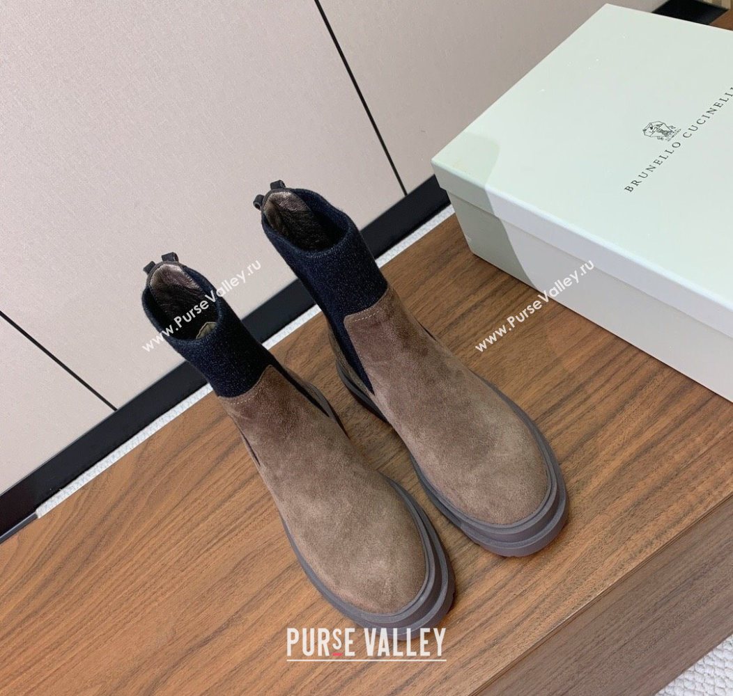 Brunello Cucinelli Suede Ankle Boots with Knit Insert and Loop Detail Dark Camel Brown 2025 BC120901 (HH-251209016)
