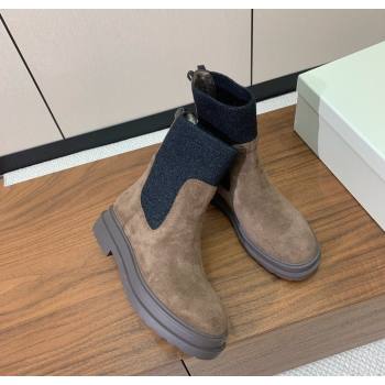 Brunello Cucinelli Suede Ankle Boots with Knit Insert and Loop Detail Dark Camel Brown 2025 BC120901 (HH-251209016)