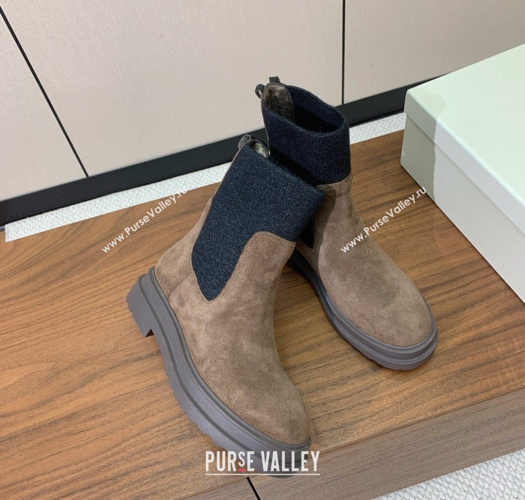 Brunello Cucinelli Suede Ankle Boots with Knit Insert and Loop Detail Dark Camel Brown 2025 BC120901 (HH-251209016)