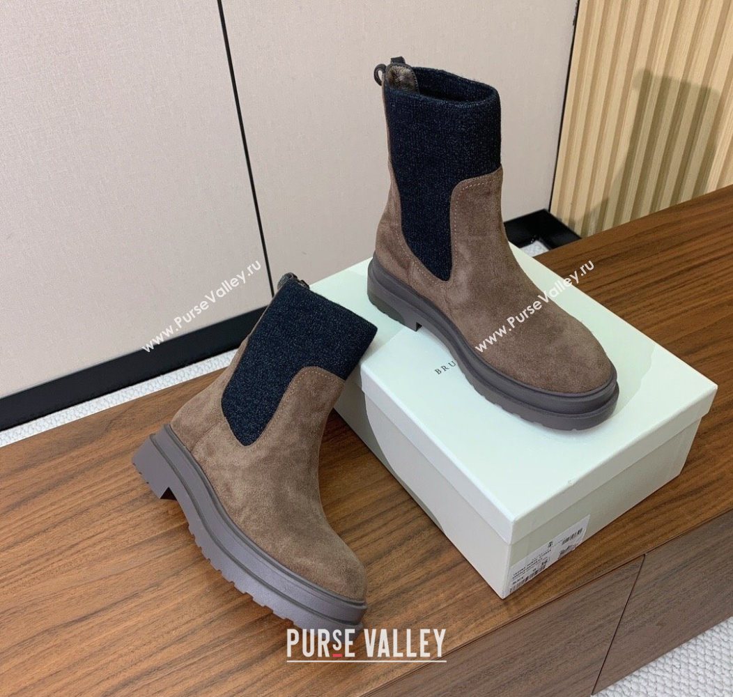 Brunello Cucinelli Suede Ankle Boots with Knit Insert and Loop Detail Dark Camel Brown 2025 BC120901 (HH-251209016)