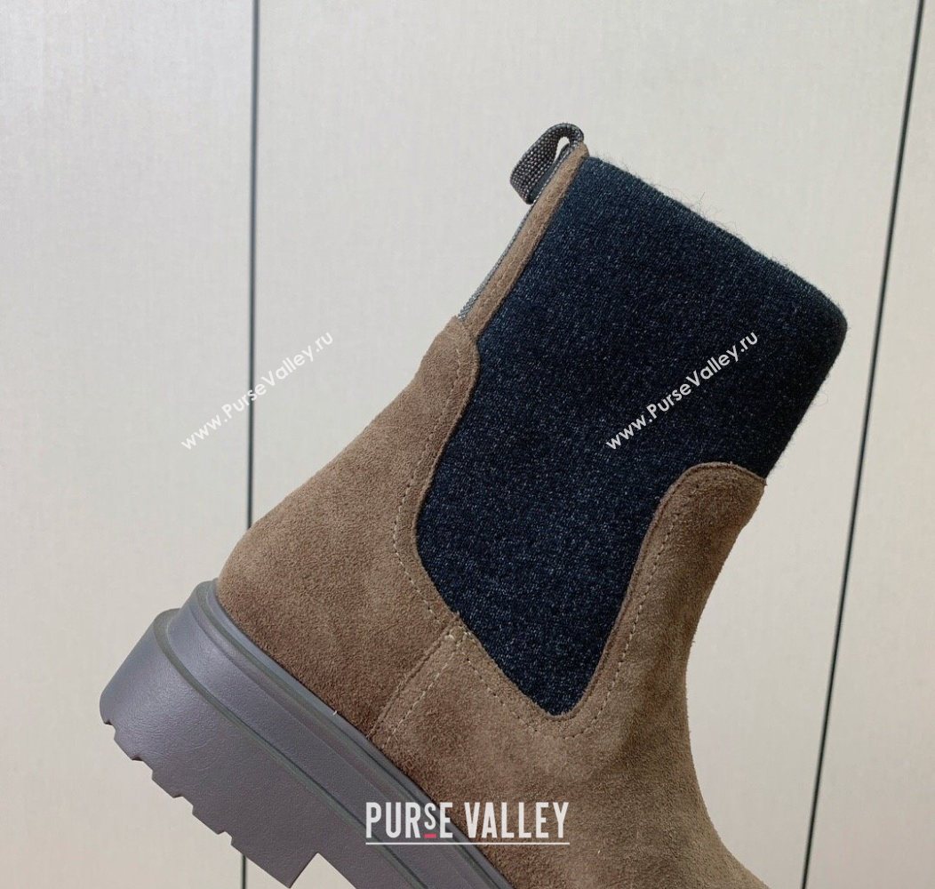 Brunello Cucinelli Suede Ankle Boots with Knit Insert and Loop Detail Dark Camel Brown 2025 BC120901 (HH-251209016)