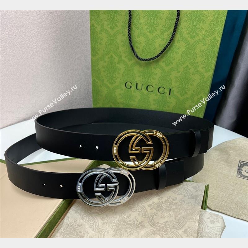 Gucci Black Calfskin Leather Belt 3.7cm with Cutout GG Buckle and Crystals 2023 1028 (99-231028026)