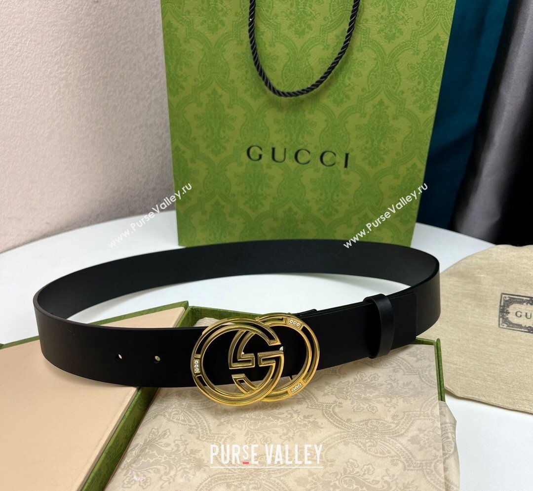 Gucci Black Calfskin Leather Belt 3.7cm with Cutout GG Buckle and Crystals 2023 1028 (99-231028026)