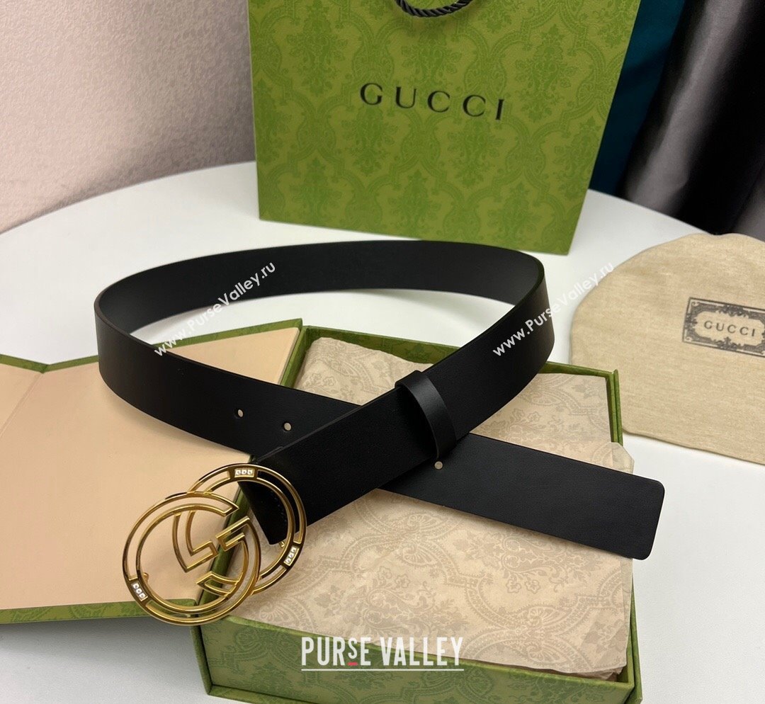 Gucci Black Calfskin Leather Belt 3.7cm with Cutout GG Buckle and Crystals 2023 1028 (99-231028026)