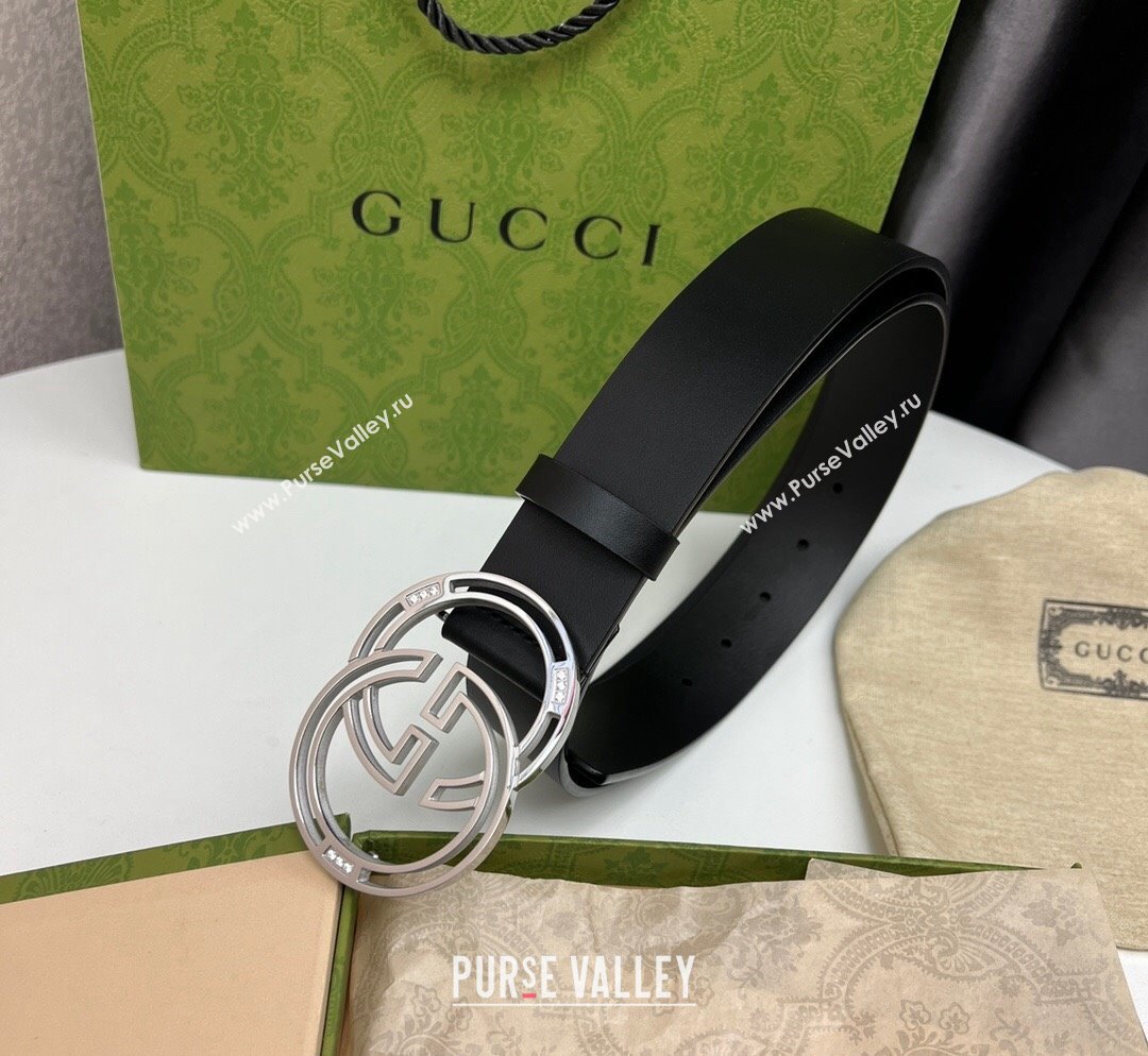 Gucci Black Calfskin Leather Belt 3.7cm with Cutout GG Buckle and Crystals 2023 1028 (99-231028026)