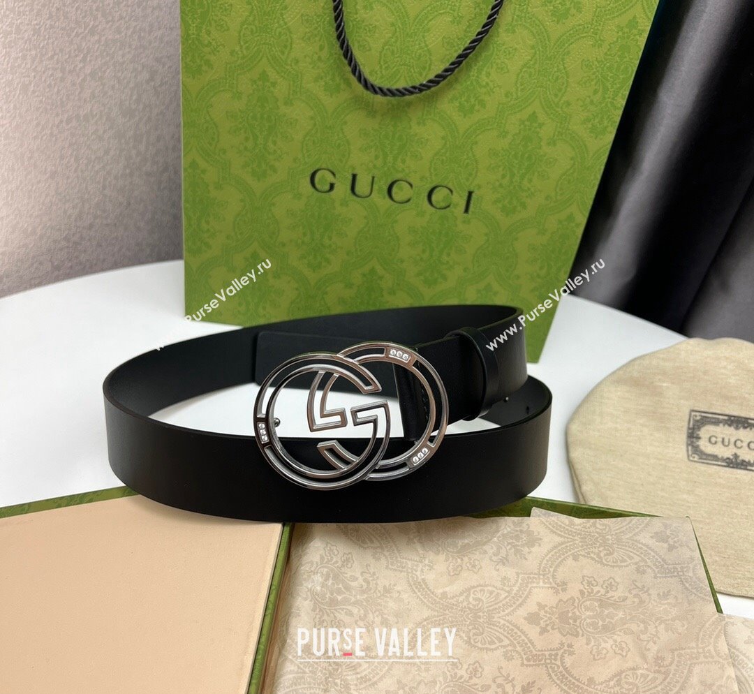 Gucci Black Calfskin Leather Belt 3.7cm with Cutout GG Buckle and Crystals 2023 1028 (99-231028026)