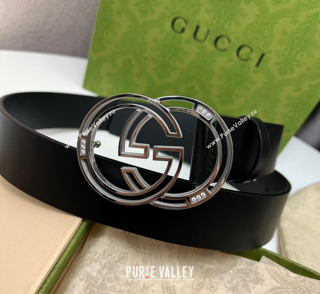 Gucci Black Calfskin Leather Belt 3.7cm with Cutout GG Buckle and Crystals 2023 1028 (99-231028026)