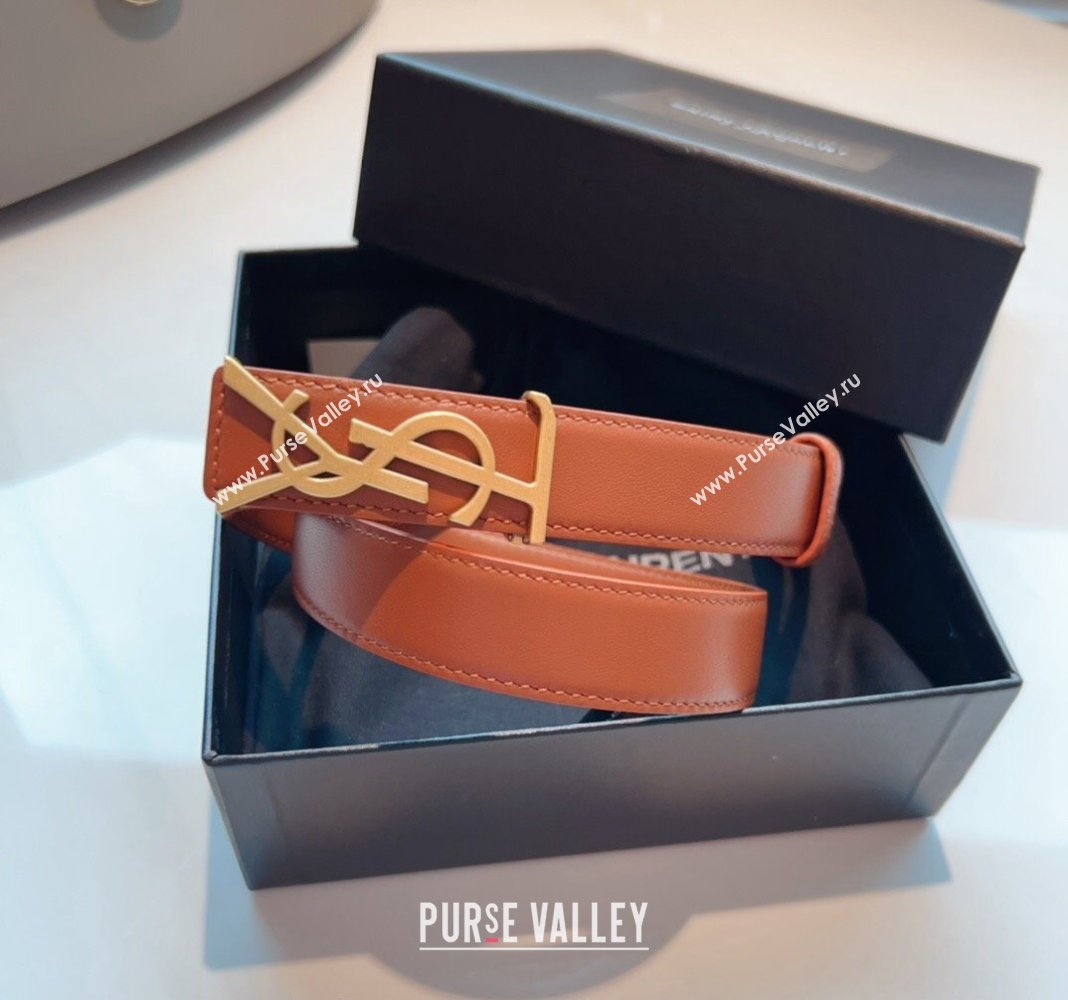 Saint Laurent Opyum Leather Belt 2.5cm with YSL Buckle Brown 2024 040801 (99-240408117)