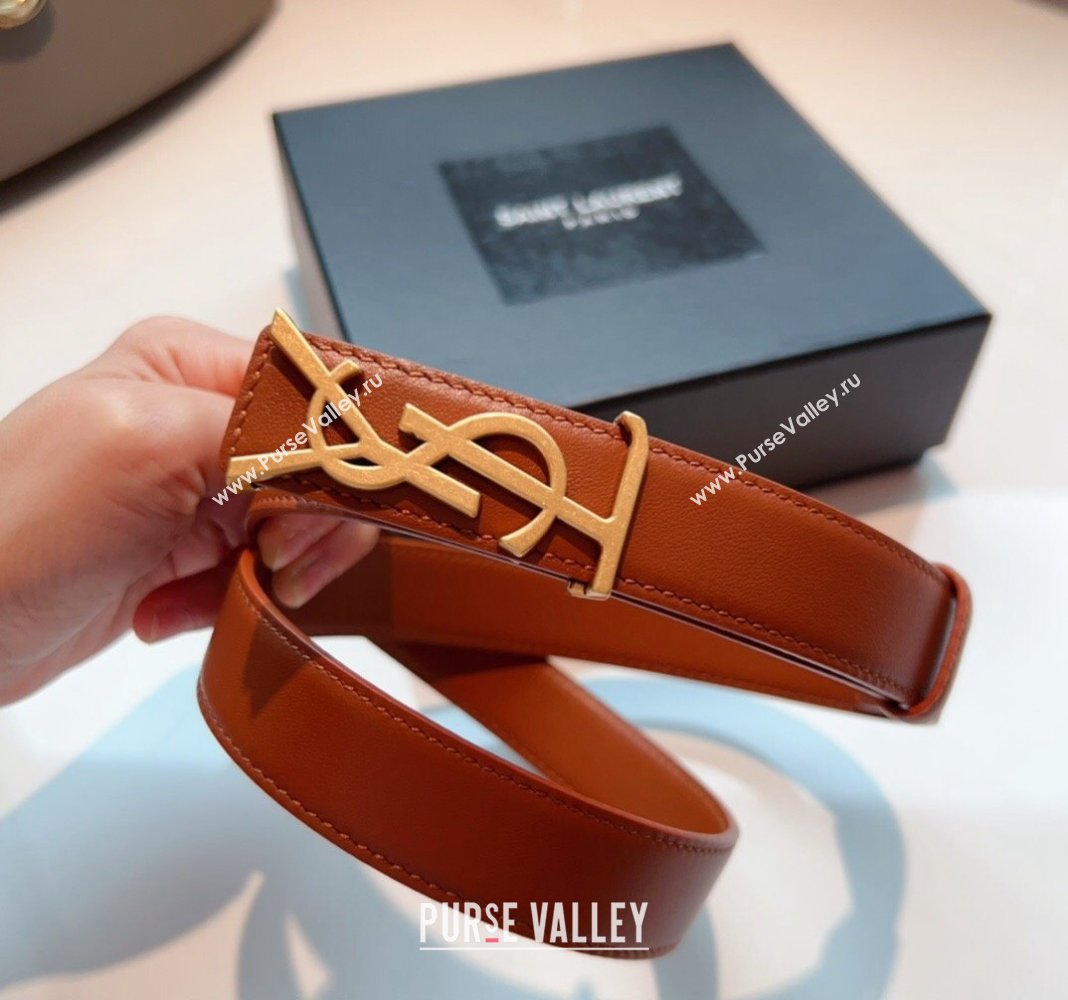 Saint Laurent Opyum Leather Belt 2.5cm with YSL Buckle Brown 2024 040801 (99-240408117)