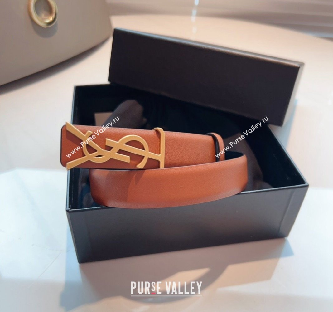 Saint Laurent Opyum Leather Belt 2.5cm with YSL Buckle Brown 2024 040802 (99-240408119)