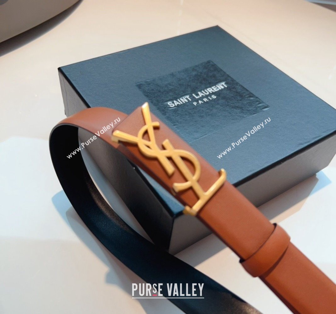 Saint Laurent Opyum Leather Belt 2.5cm with YSL Buckle Brown 2024 040802 (99-240408119)